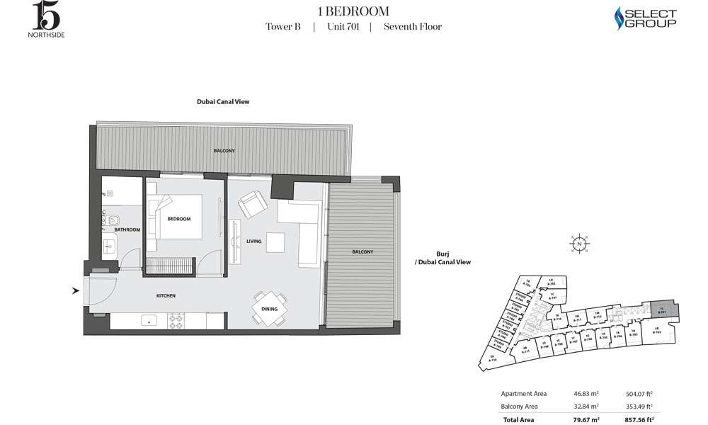 Tower B, 1 Bedroom, Unit 701, Seventh Floor
